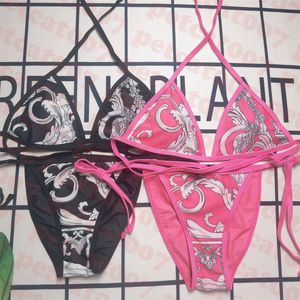 Bikini con motivo di design Costume da bagno stile retrò in tessuto per donna Costume da bagno con scollo a V Due colori