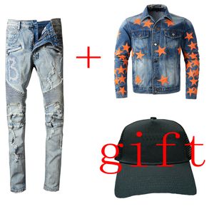 Pants for men jeans and jacket Luxury Hooded Long Sleeve Hip hop Winter Coats Distressed Ripped Biker Jean Slim Fit Motorcycle Denim Jeans size 29-38 14 & 8 styles