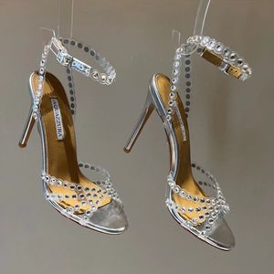 Wholesale New Season Aquazzura Shoes Tequila Sandals 105 Sparkling Party Italy Clear Pvc Crystals Stiletto Heel Wedding Bride