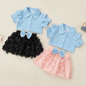 Kläder sätter barnflickor kläder set lapel ruffle trim short hylsa knappar skjortor toppar med bow fjäril dekoration mesh kjol