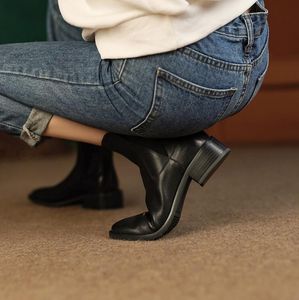 British Style Brown Black Chelse Boots 2022 Winter Fashion High Top Cowskin Slim Booties Shoes Women