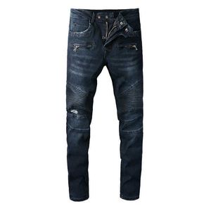 Jeans Uomo Biker Jeans da uomo per moto Streetwear Pantaloni in denim elasticizzato blu scuro Pantaloni slim pieghettati strappati strappati T221102