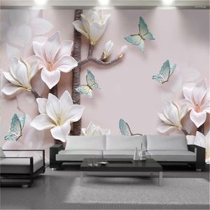 Wallpapers 3d Floral Wallcovering Wallpaper HD Embossed Pink Flowers Blue Butterfly Exquisite Murals Living Room Bedroom