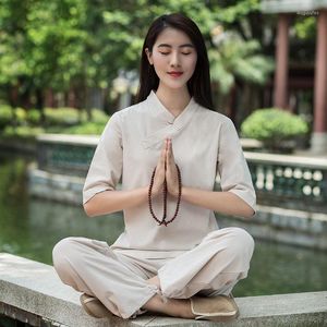 Ethnic Clothing 12colors Women Yoga Clothes Chinese Style Zen Tang Suit Elegant Hanfu Cotton Linen Qipao Tops Pants Oriental Set