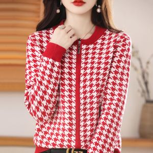 مصممة سترات من سترات النساء الجديد Houndstooth Cardigan سترة فضفاضة سحاب غير رسمية جولة الرقبة Jacquard معطف الصوف