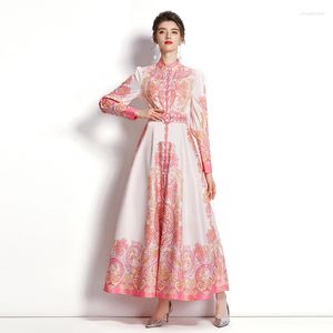 Casual Kleider 2022 Herbst Langes Kleid Für Frauen Elegante Mode Knöchellangen Party Robe Laterne Hülse Stehkragen Empire Vintage rosa
