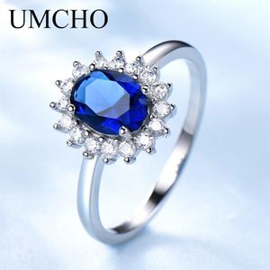 Umcho Luxury Blue Sapphire Princess Diana Rings for Women Genuine 925 Sterling Silver Romantic Engagement Ring Wedding Jewelry 201233m