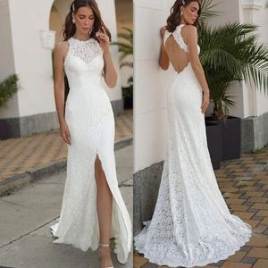 Abito da sposa alla moda a sirena senza schienale in pizzo pieno 2022 Abito da sposa con spacco frontale con spalle scoperte