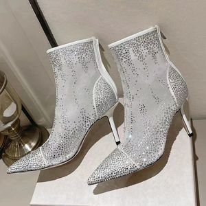 Bling Crystal Air Mush Ankle Boots For Women Sexig Point Toe High Heel Paty Shoes Moderna st￶vlar Spring Runway Botas