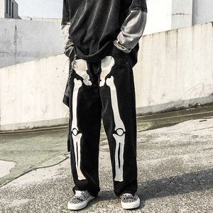 Herren Jeans Weitbein Baggy Jeans Männer Ästhetisches Skelett Y2K Jeans Streetwear Übergroße grafische schwarze gedruckte hoch getailte hellblaue Hip Hop T221102