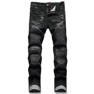 M￤ns jeans belagd rak veckad cyklist jeans manlig motorcykel denim byxor vaqueros hombre plus storlek