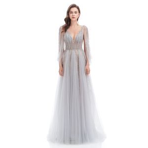 Silver Fairy Tulle Princess Evening Dresses with Long Sleeve Beaded Embroidery Sheer Neck Celebrity Runway Red Carpet prom Gown