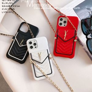 iPhone革の電話ケースiPhoneのウォレットスタイル14 13 Pro Max 12 11 XS XR Kickstand Cover with Necklace Strap Crossbody Luxury Designer