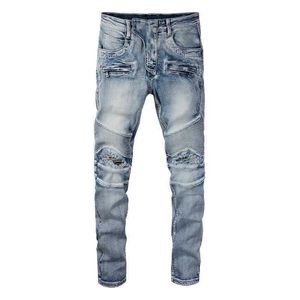 Jeans da uomo Jeans da motociclista strappati da uomo Pantaloni a matita affusolati sottili in denim elasticizzato blu chiaro Pantaloni con toppe a pieghe afflitte T221102
