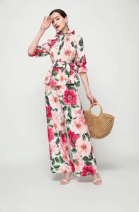 Pantaloni a due pezzi da donna in stile country francese con stampa di fiori grandi, bellissimi pantaloni a camicia in vita a manica media retrò alla moda, abito in stile occidentale