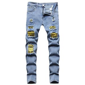 Erkekler Kot Patchwork streç denim kot pantolon basılı yamalar yırtık pantolon ince sıska konik kalem pantolon mavi siyah t221102