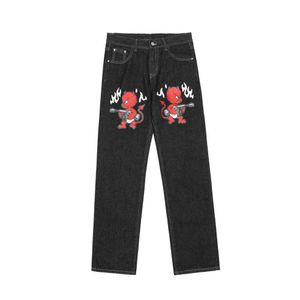 Jeans da uomo 2021 Cartoon Evil Stampa Nero Allentato Dritto Uomo Hip Hop Jeans Pantaloni Scuro Stile accademico Vestiti Pantaloni in denim di cotone Pantn T221102