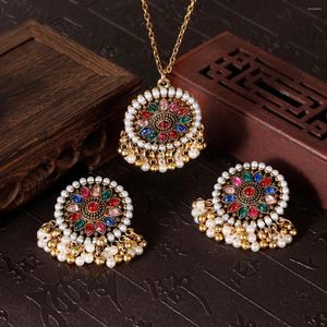 Necklace Earrings Set Vintage Crystal Flower Beads Tassel For Women Gold Color Round Pendants Ethnic