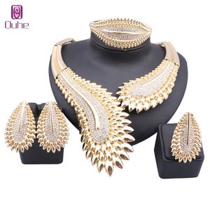 Exquisite Dubai Gold Kristallschmuck Set Frauen große Halskette Ohrring Afrikaner Italienisch Brauthochzeitszubehör Schmucksets