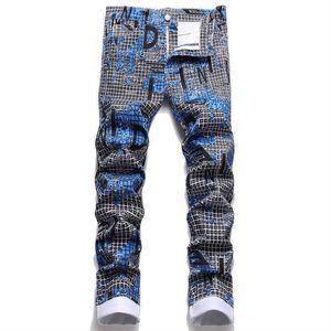 Men's Jeans Men Plaid Letters Digital Print Jeans Fashion Slim Tapered Stretch Denim Pants Streetwear Cotton Trousers T221102