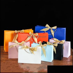 Gift Wrap Square Bottomed Packaging Bag Solid Color Bow Silk Ribbon Paper Packing Package Gift Party Ceremony Handv￤skor Beautif 2 3K DHQIX