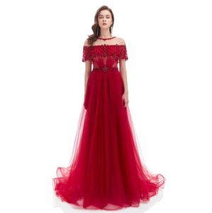Fairy Tulle Princess Prom Dresses Sheer O-Neck P￤rled Tassel Boning Top Celebrity Evening Gown Vestidos Elegantes Para Mujer