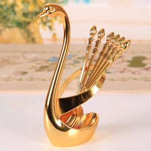 Dinnerware Sets 6pcs European Gold Alloy Spoon Kitchen Dessert Coffee Mixing Tableware Polishing Swan Storage Box Set Wedding Decoration