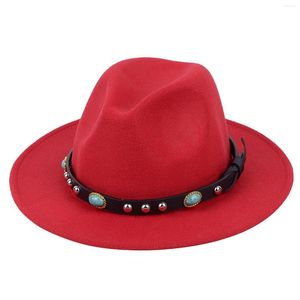 Beralar Moda Kadın Erkekler Unisex Klasik Yün Karışımı Fedora Şapka Kemer Tokalı Geniş Kavan Kapağı Siyah Kırmızı Gri Pembe