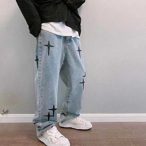 Mäns jeans 2022 vibe stil kors broderi retro tvättade män baggy jeans byxor hip hop nödställda vintage denim byxor pantns capris t221102