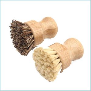 Spazzole per pulizia Spazzola per pulizia cucina Manico rotondo portatile Spazzole in legno per pentola Sisal Palm Piatto Ciotola Pan Lavoretti Strumenti puliti Dro Dhpk5