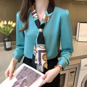 Women's Blouses 2022 Spring Design V-neck White Turquoise Korean Tops Long Sleeve Tie Professional Shirt Women's Elegant Blouse