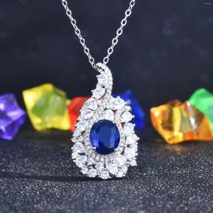 Pendant Necklaces Geometric Oval Blue Gem Exquisite Zircon Women's Shaped Water Drop CZ Wedding Valentine's Day Gift