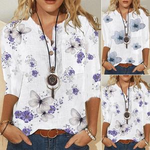 Men's T Shirts Summer Women Tops Blouses Elegant Three Quarter Sleeve Print V-Neck Blouse Blusa Casual Loose Plus Size