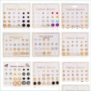 Stud 12Pairs/Set Fashion Crystal Bead Charm Stud Earrings Set For Women Geometric Flower Bowknot Pearl Earring Statement Party Jewel Dhhps