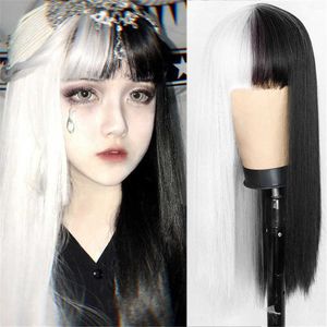 Kvinnors hår peruker spetsar syntetiska cos animation svart vit yin och yang luft slår långt rakt hår kvinnlig kemisk fiber peruk