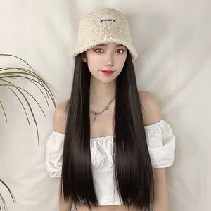 Parrucche per capelli da donna Parrucca sintetica in pizzo con filamento femminile Copricapo Rete rossa Versione coreana Cappello da pescatore Capelli lunghi e lisci