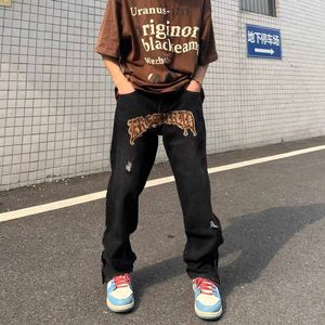 Men's Jeans 2022 New Fashion Black Streetwear Baggy Men Wide Jeans Pants Y2K Letter Embroidery Ripped Hole Straight Hip Hop Denim Trousers T221102