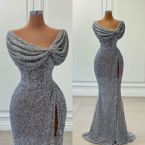 Designer Sequined Mermaid Prom Dresses Sexig High Side Split Silver Grey Party Dress Aftonkl￤nningar Kvinnor Formell Vestido de Noche