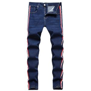 Мужские джинсы Мужские боковые полосы джинсовой джинсы темно -синие растяжки плюс большие стройные брюки T221102