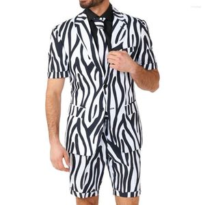 Herenpakken zebra strepen mannen korte mouw jacet met broek klassieke inkeping revers single borsten zomer casual dagelijkse herenkleding set