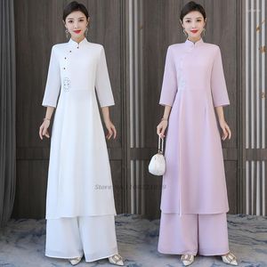 Etniska kläder 2022 traditionell vintage 2 stycken kinesiska nationella kvinnor qipao klänning breda ben byxor set tang kostym orientalisk service hanfu