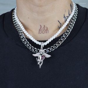 Pendant Necklaces Stainless Steel Cuban Chain Angel Pearl Necklace Double Stitching HipHop Punk Choker Set Jewelry On The Neck