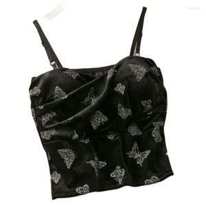 Women's Tanks HELIAR Velvet Tank Tops Bow Butterfly Print Black Crop Top Sexy Backless Sleeveless Lace Up Woman Vest Slim Chic Club Party