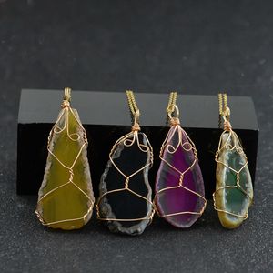 Gold Wire Wrap Irregular Semi-precious Stone Agate Necklace Pendant Stainless Steel Chain Necklaces for Women Men Fine Fashion Jewelry