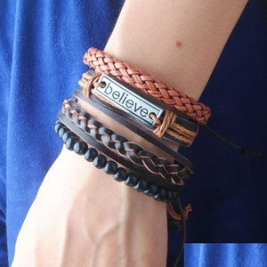 Beaded Rock Punk Mtilayer Leather Mens Black Wrist Bracelets Strands Beaded Adjustable Anchor Bangles For Special Present Bc022 Drop Dhob5