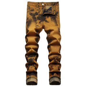 Calças de brim masculinas gravata e tintura estiramento jeans magro perna reta ajuste calças streetwear calças t221102