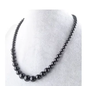 Wojiaer Black Jades Gemstone Necklace 6-14mm卒業ラウンドビーズの女性17.5インチストランドジュエリーF3009