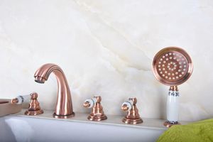 Bathroom Sink Faucets Antique Red Copper Brass Widespread 5 Hole Roman Tub Bath Faucet With Telephone Style Hand Held Shower Head Atf187