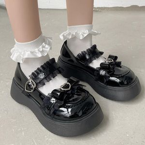 Vestido tênis feminino fivela de fivela de couro Mary Janes Sweet Lace Bowknot Lolita Girl Mulher Round Toe Platform Flats