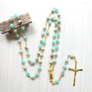 Collane con ciondolo Diyalo Perline di pietra serpentina uniche Catena Colore oro Medaglia Nostra Signora di Guadalupe Crocifisso Croce Collana con rosario Preghiera